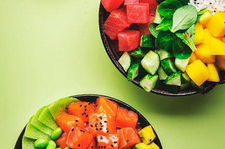 Hawaiian poke bowl with tuna, avocado, mango, cucumber, lamb let, a Food & Drink Photo by 5PH