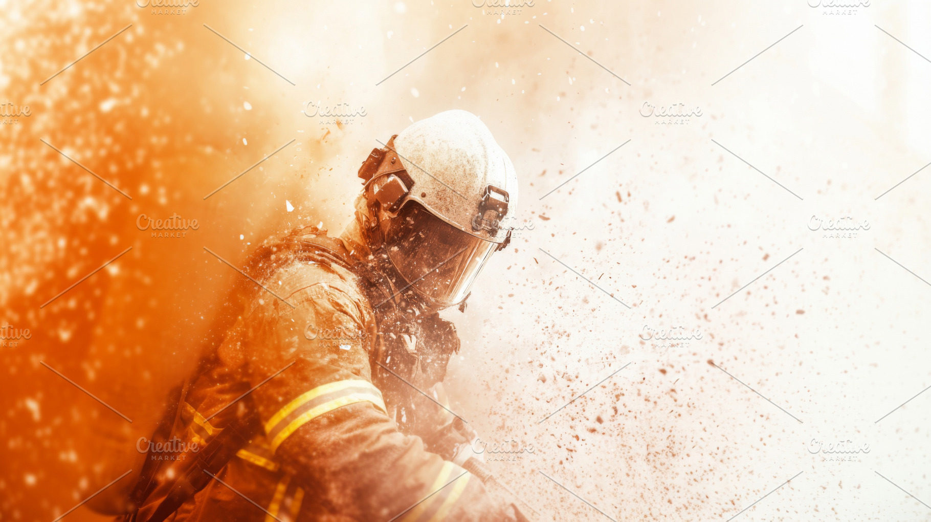 Firefighter battling blaze with intense smoke and debris, suitab, a Photo by Dvoevnore photos