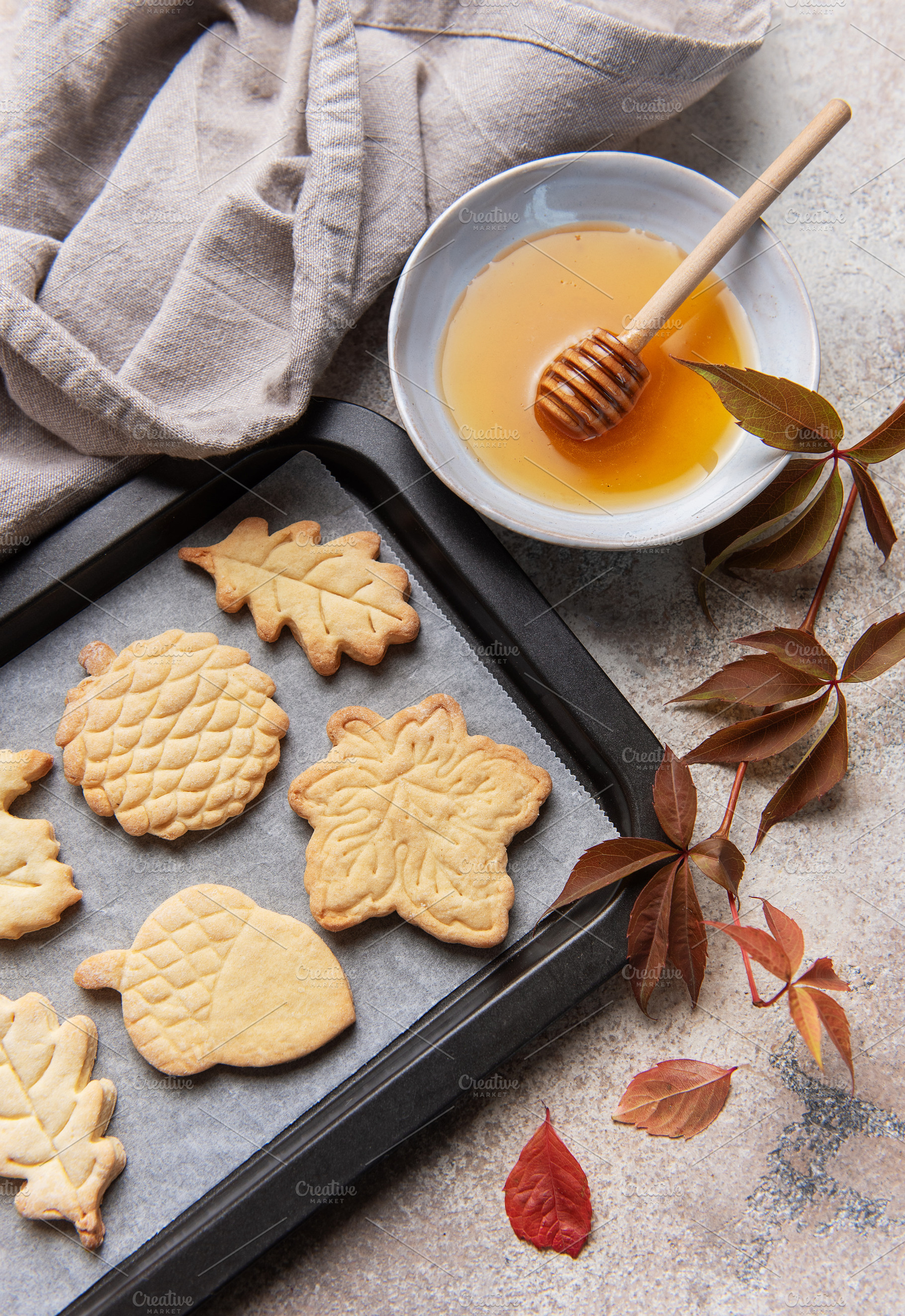 Autumn themed cookies with honey and fall leaves, a Food & Drink Photo by Olena Rudo