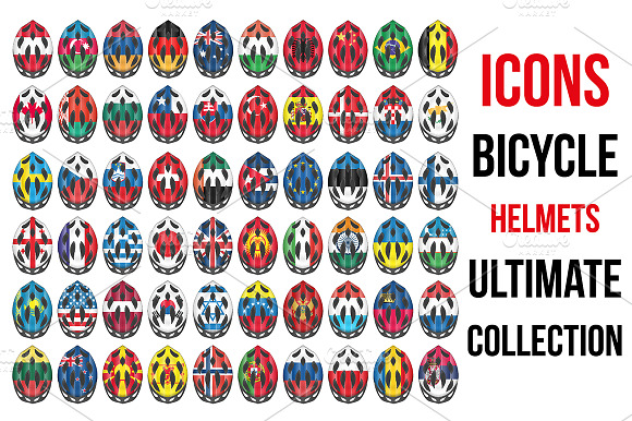 60 Bicycle Helmets Icons With Flags.