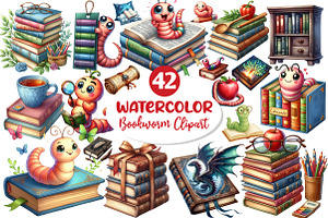 Bookworm Watercolor Clipart, an Illustration by Dream Creation