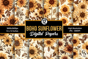 Boho Sunflowers Digital Papers