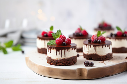 Chocolate cheesecake with berries on white background, a Food & Drink Photo by AlyaAnd