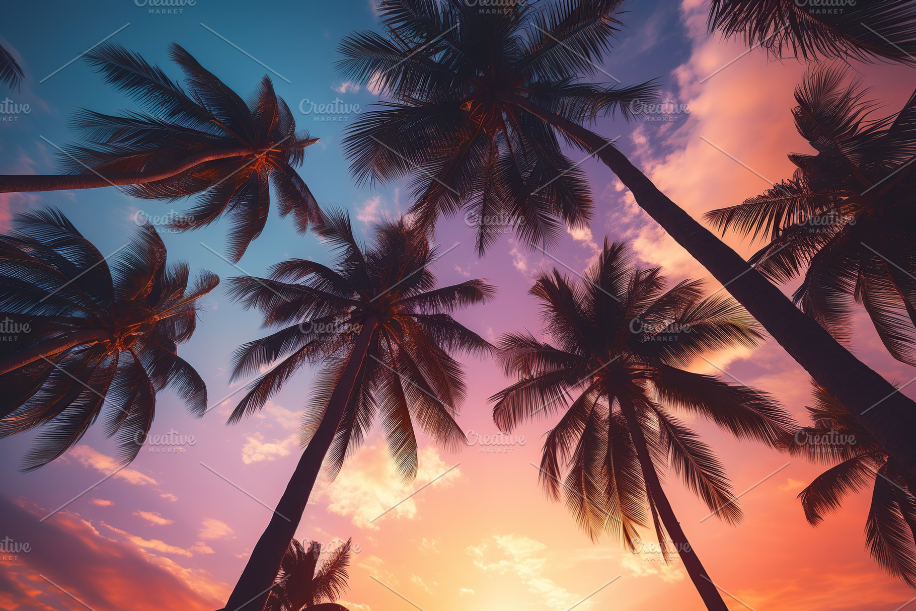 Bottom view of palm trees at sunset, a Nature Photo by AlyaAnd