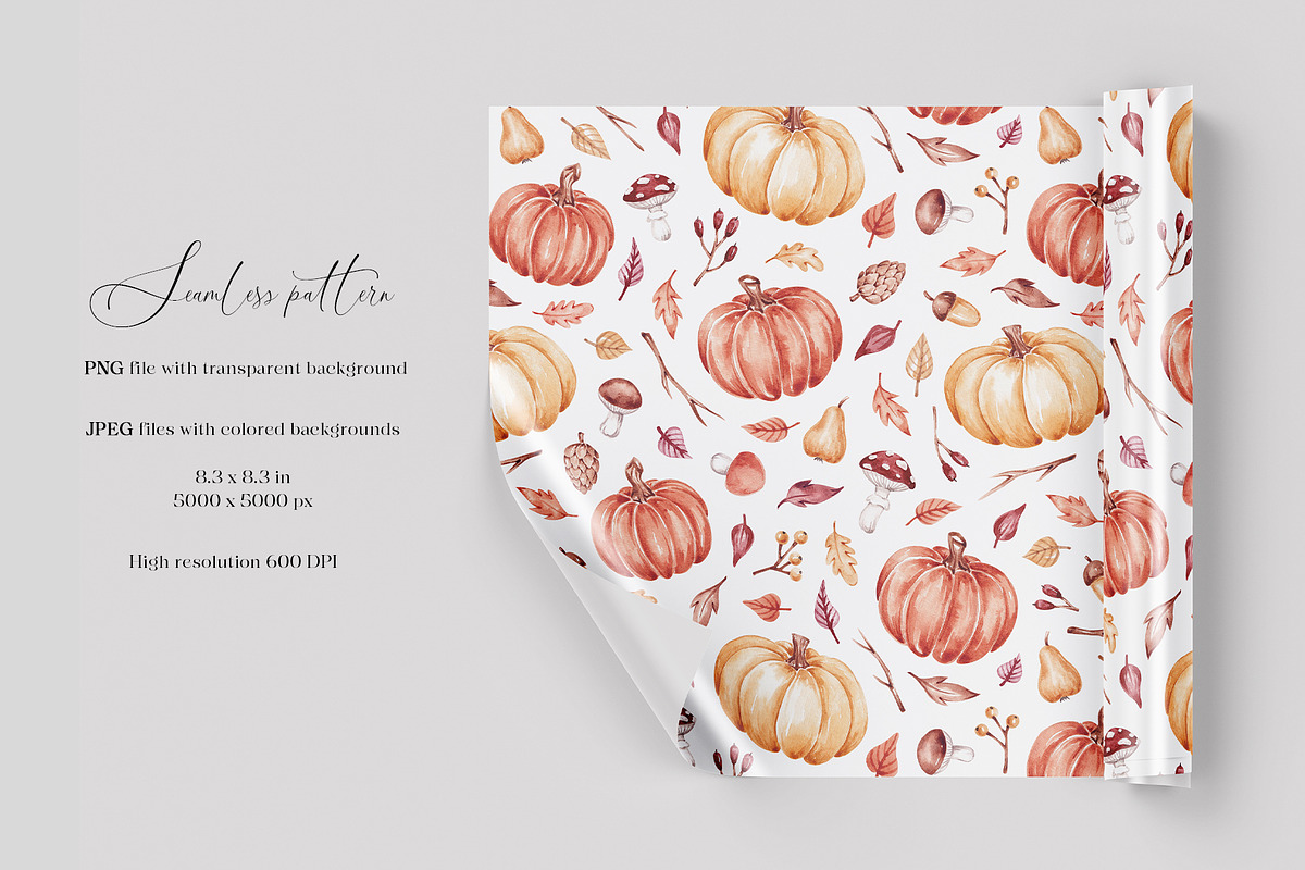 Watercolor Fall Pumpkins Pattern, a Pattern Graphic by SirenaArt (Photo 2 of 13)