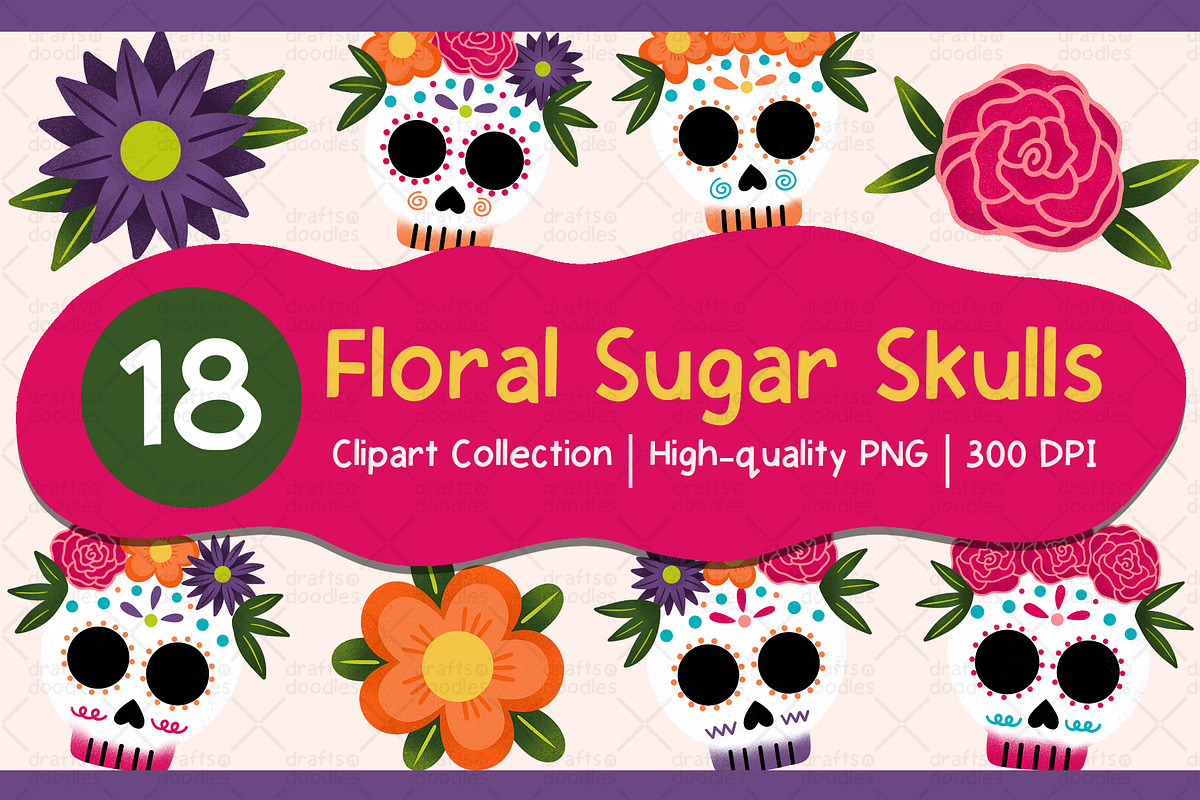 Floral Sugar Skulls Clipart Set, an Object Graphic by Drafts n Doodles (Photo 1 of 3)