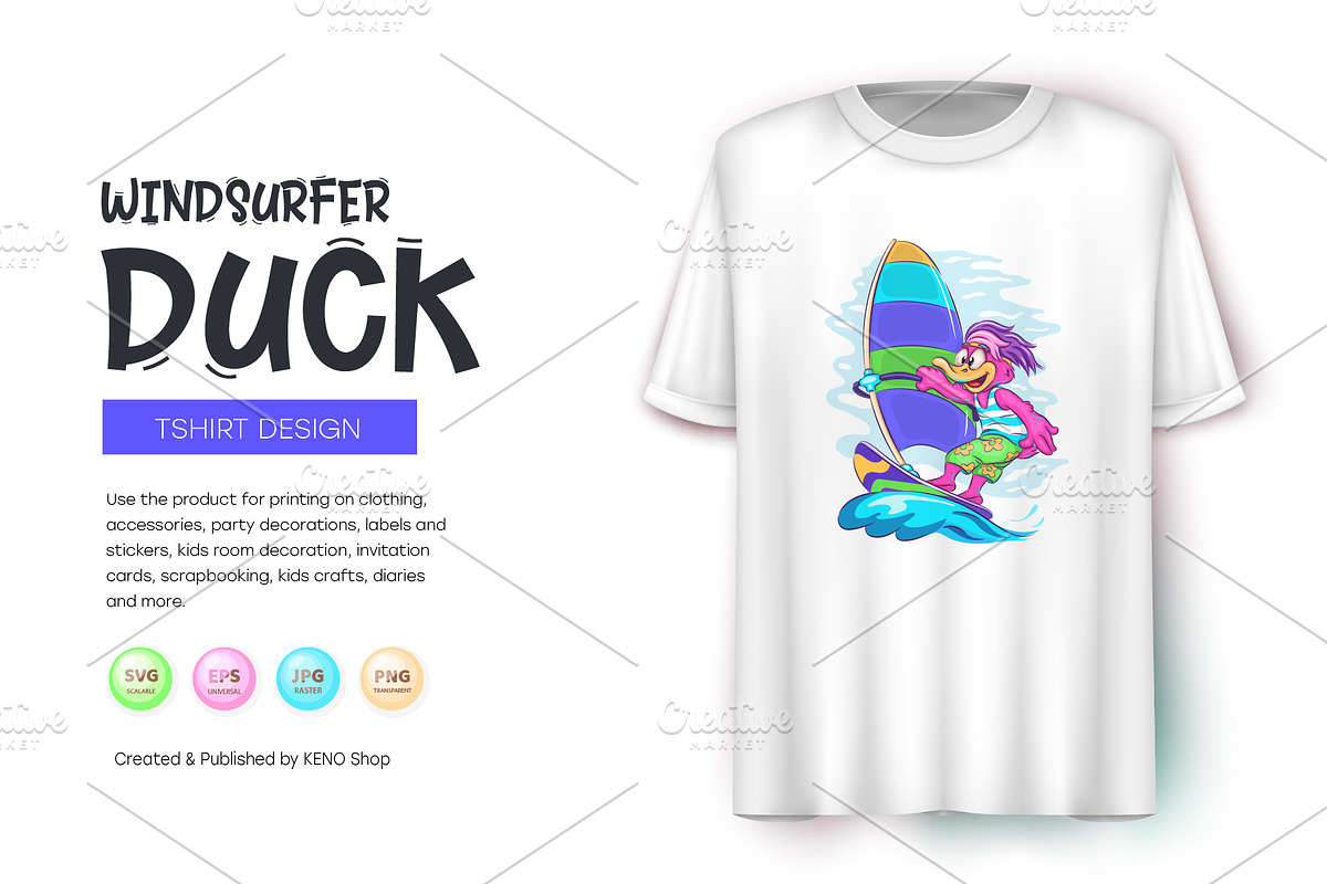 Cartoon Duck Windsurfer. Tshirt, PNG, an Animal Illustration by KENO Mascots (Photo 6 of 7)