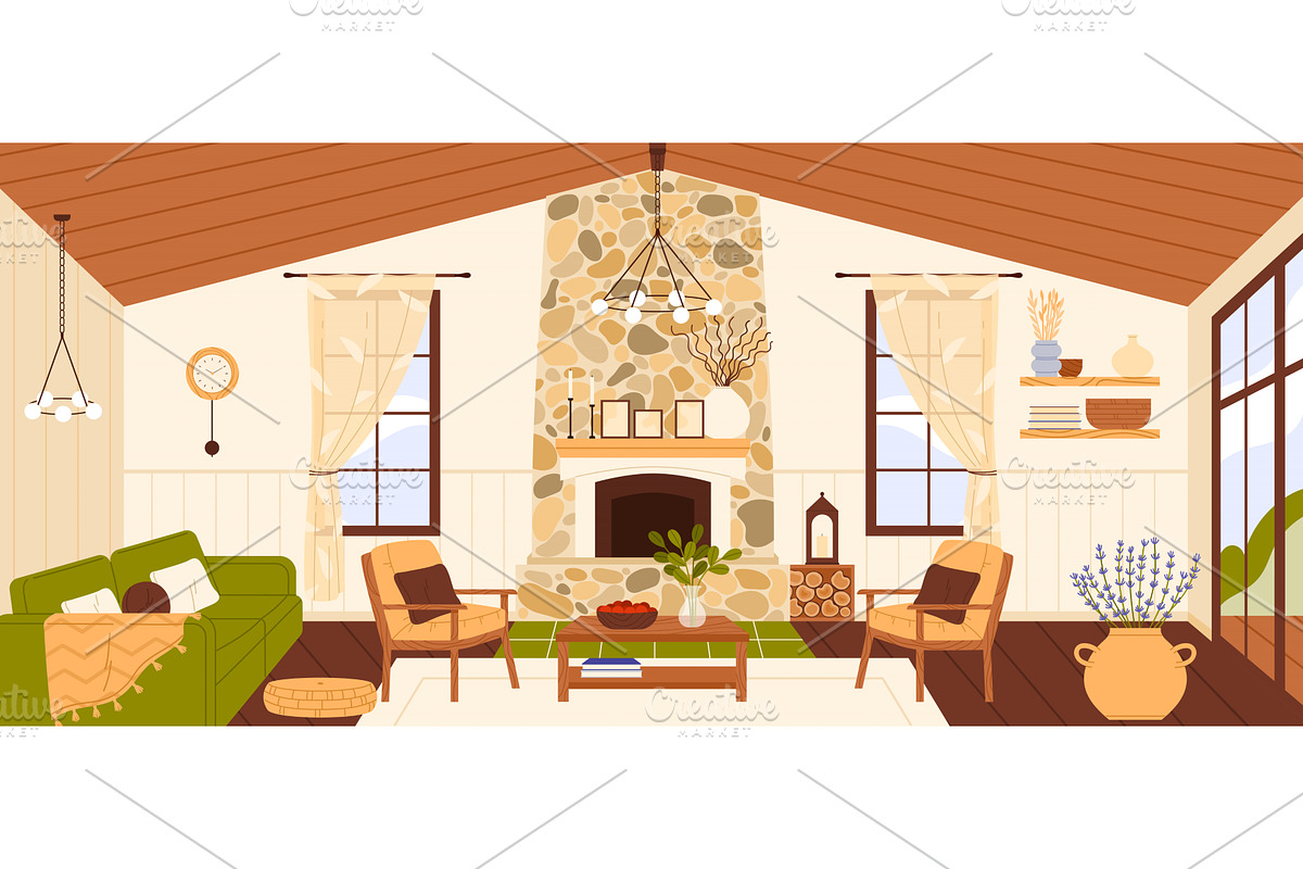 Modern rustic living room interior, an Object Illustration by Flashvector