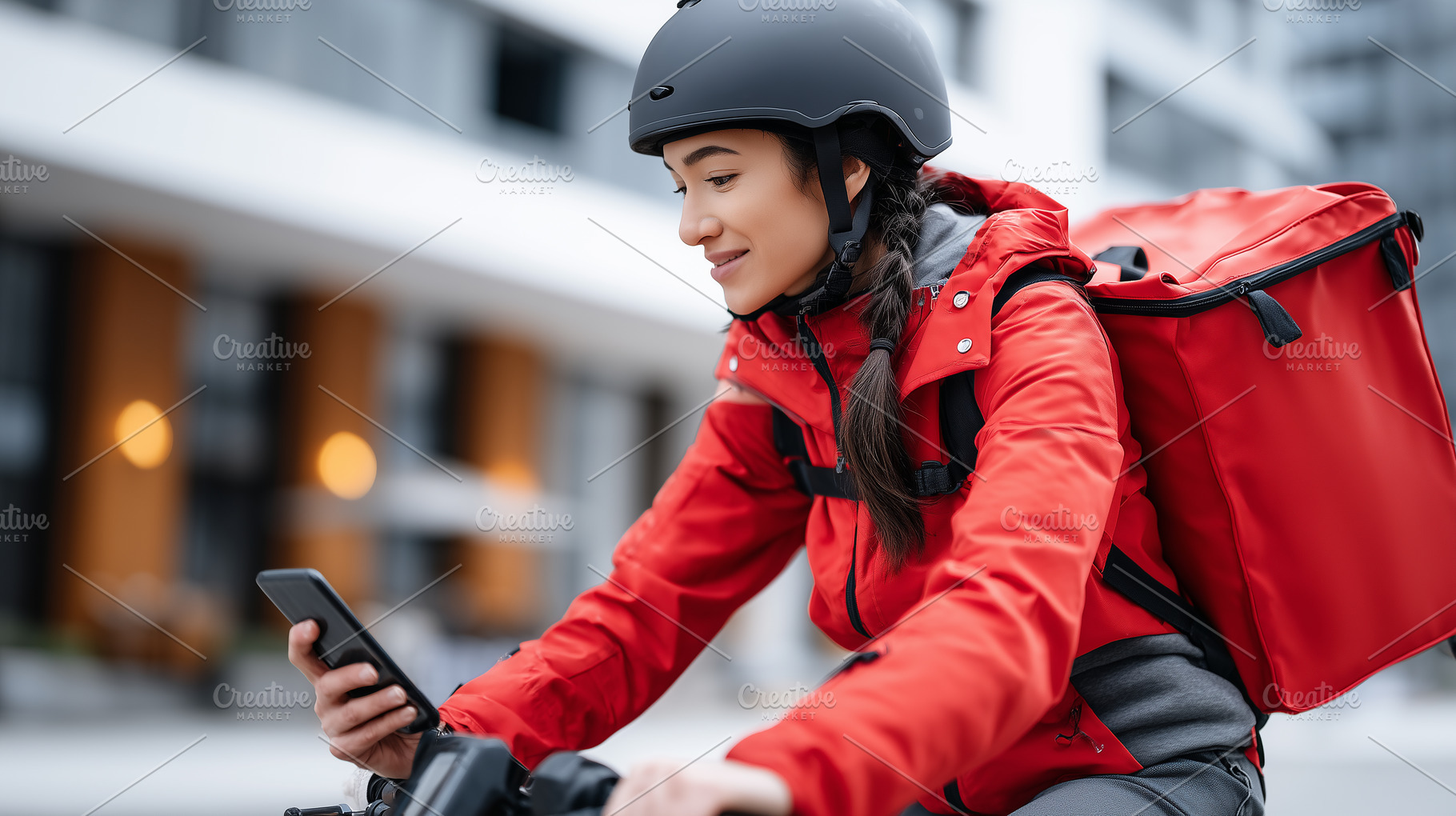 Female bike courier in red jacket, a Business Photo by MistyDay