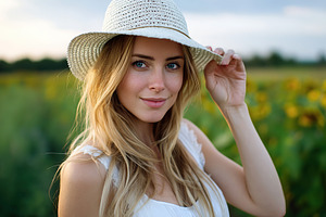 Young woman enjoying summer outdoors in a straw hat with sunflowers in the back, a Person Photo by AlyaAnd