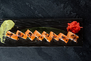 Fish menu japanese food sushi roll served sauce, a Food & Drink Photo by Photo Drive Studio