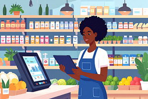 Cartoon illustration of woman holding tablet at small business e, a Technology Illustration by DanFLCreativo