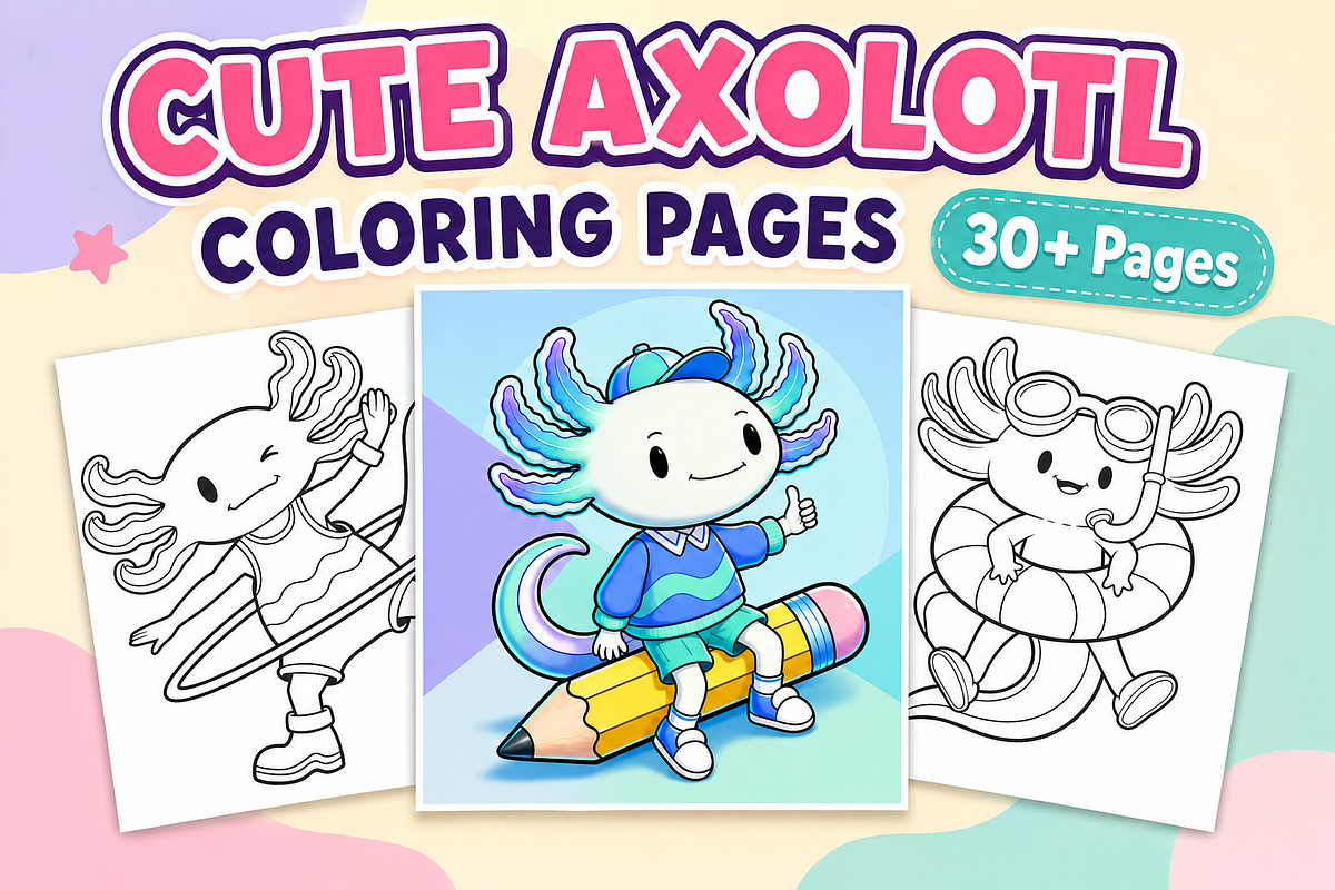 Cute Axolotl Coloring Pages for Kids, an Animal Illustration by Inkivelle Studio (Photo 1 of 3)