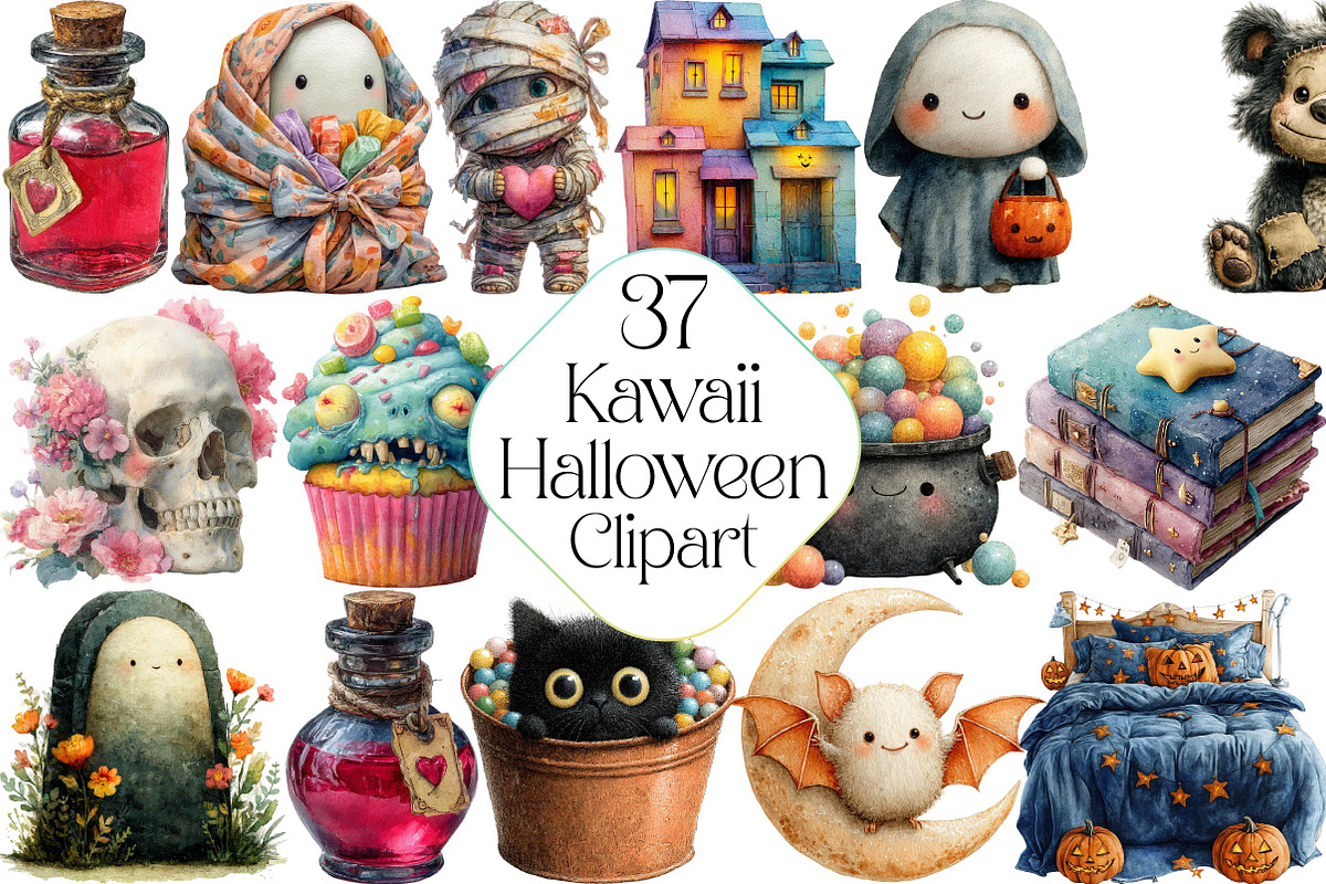 Watercolor Kawaii Halloween Clipart, an Illustration by DreamPrint404 (Photo 1 of 5)