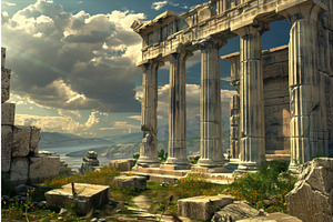 Ancient Greek Temple Ruins At Sunset