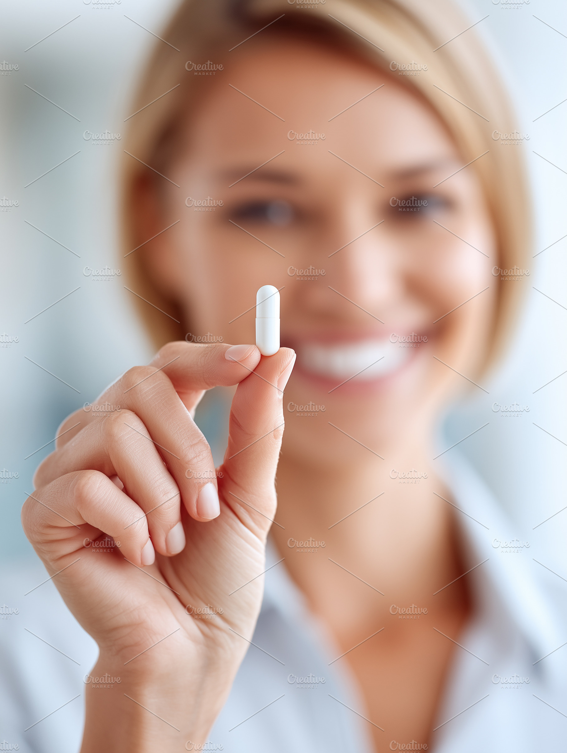 Smiling woman holds a white capsule, a Health & Medical Photo by MistyDay