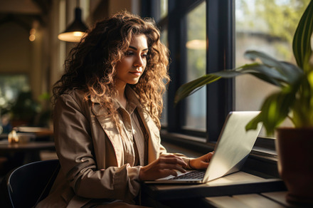 Young woman working on a laptop while sitting at a table, a Person Photo by Antonina Vlasova