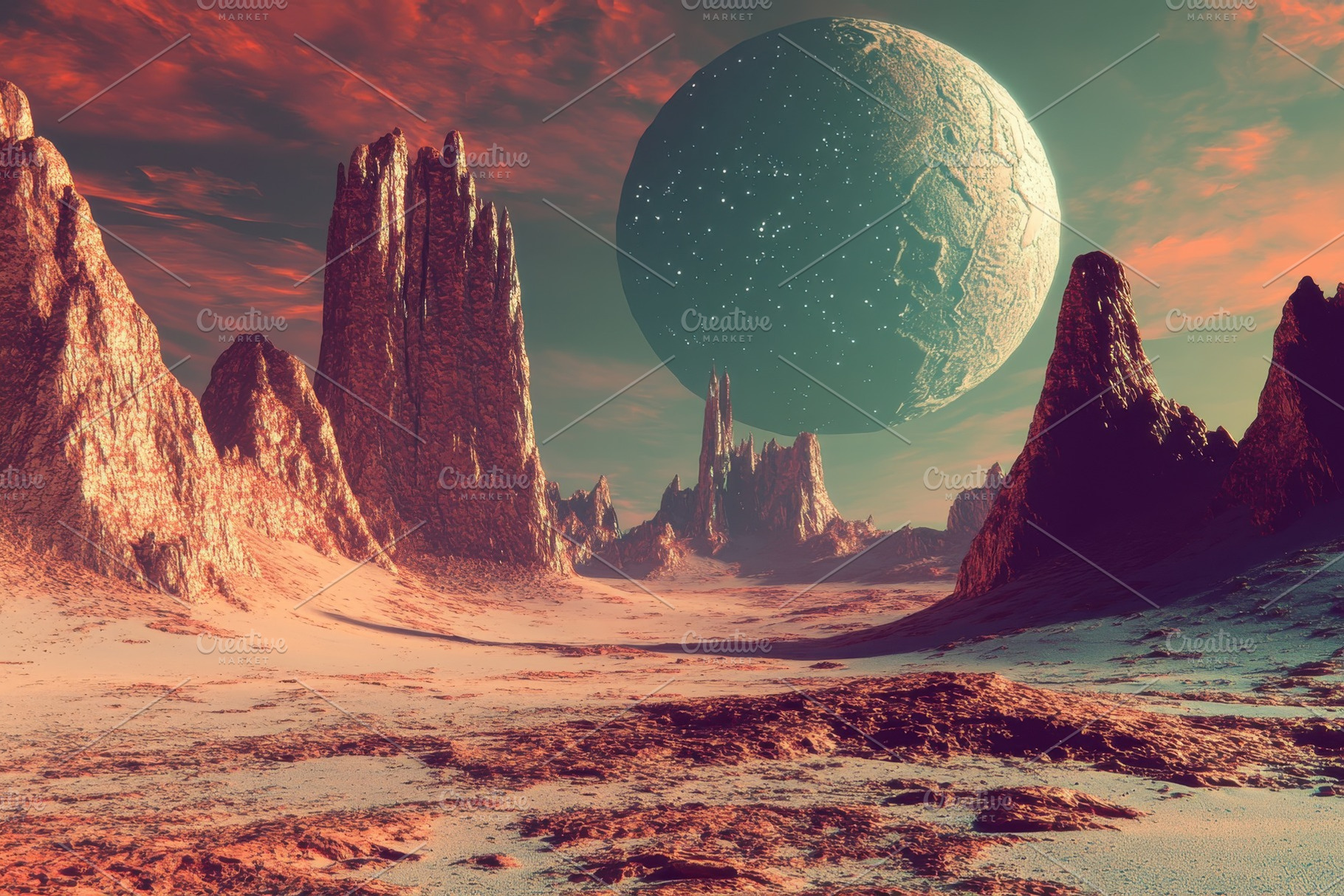 Alien Planet Landscape Red Desert Mo, a Photo by Pixeness Studio
