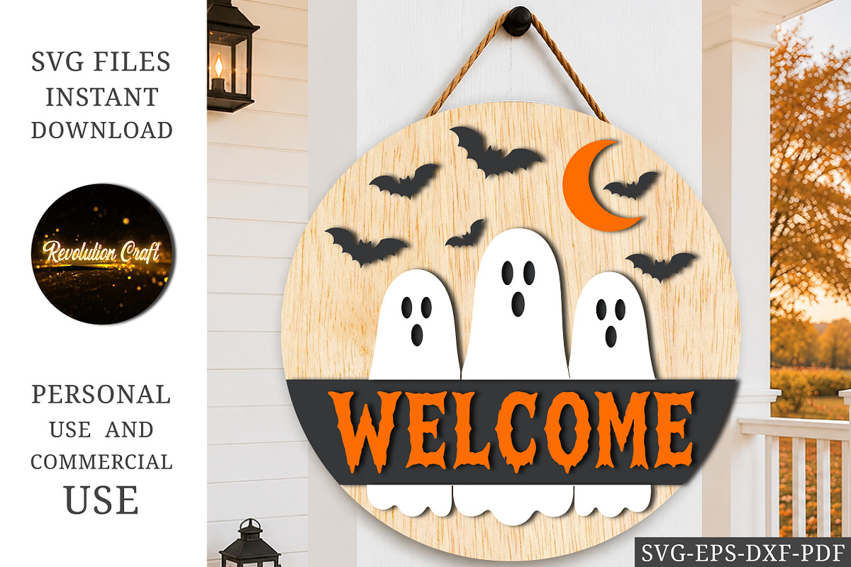Welcome Halloween Ghost Round Sign, an Object Graphic by OK Design (Photo 1 of 3)