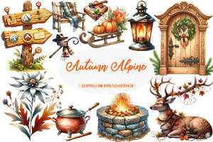 Watercolor Alpine Autumn Clipart, an Illustration by Daily.Designs