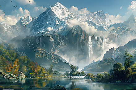 Lush valleys, towering mountains wit, a Photo by LOGOCREATIVE