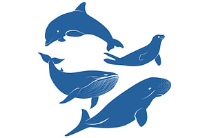 Silhouette set four sea animals, an Animal Illustration by LogosDen
