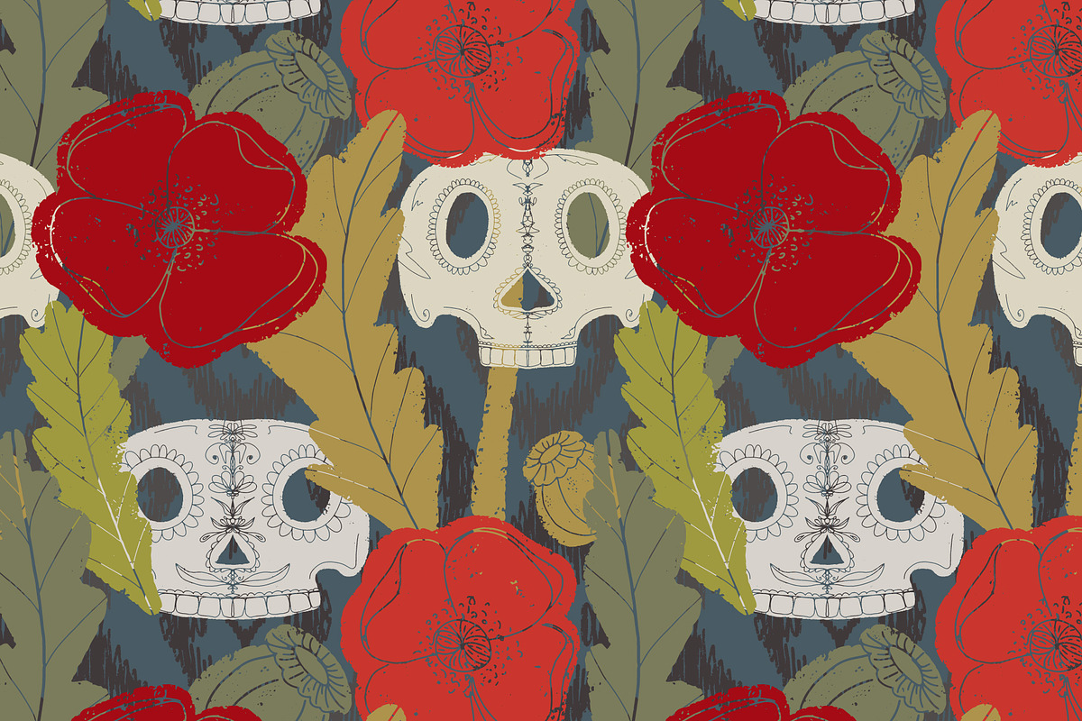 Folk art pattern poppy, sugar skull, a Pattern Graphic by NayaChu (Photo 6 of 10)