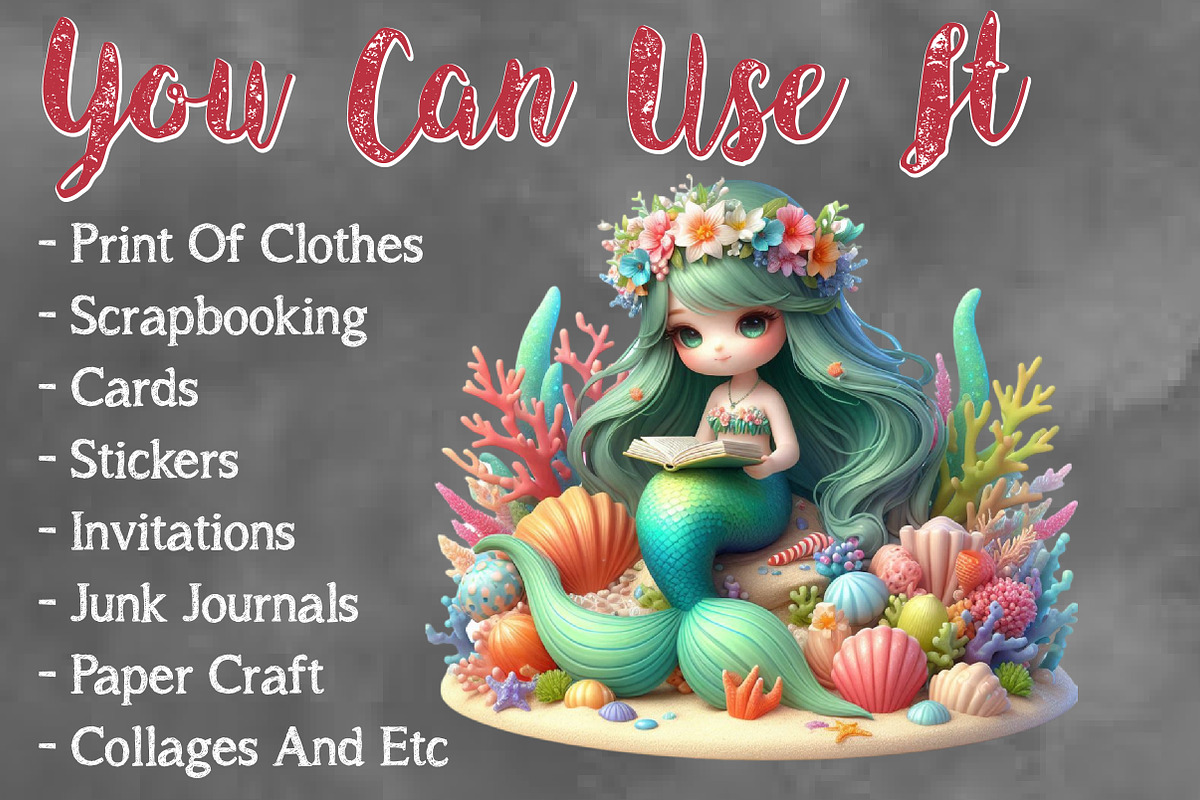 Cute Mermaid reading book Clipart, a Seasonal Illustration by Craft Nest (Photo 5 of 5)
