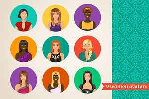 Vector set of 9 women avatars