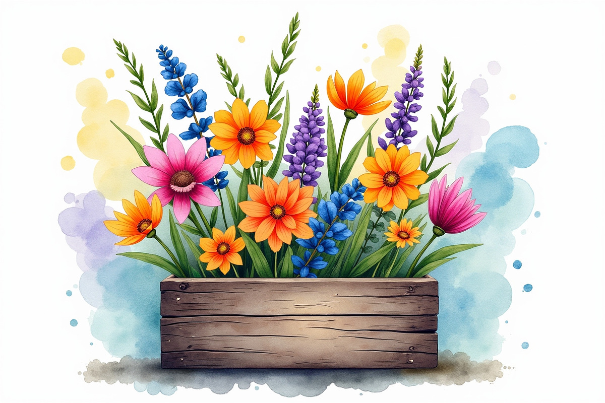Wildflowers In Wooden Box Clipart Ki, an Illustration by hafijul (Photo 9 of 14)