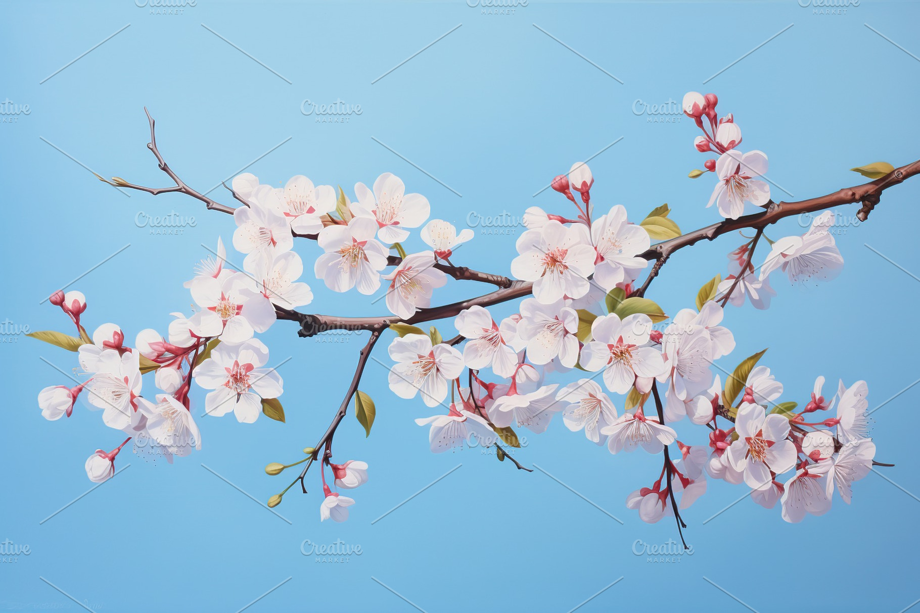 Cherry blossom branch on blue background, a Nature Photo by AlyaAnd