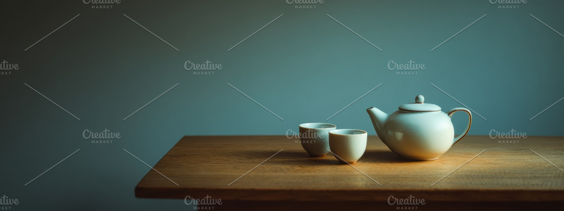 Teapot and Cups on Rustic Oak Table, a Food & Drink Photo by Virgo Studio