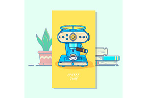 Coffee Machine With A Hot Coffee Cup.Flat Thin Line Style Vector Icon. Single Design Element For Website, Business