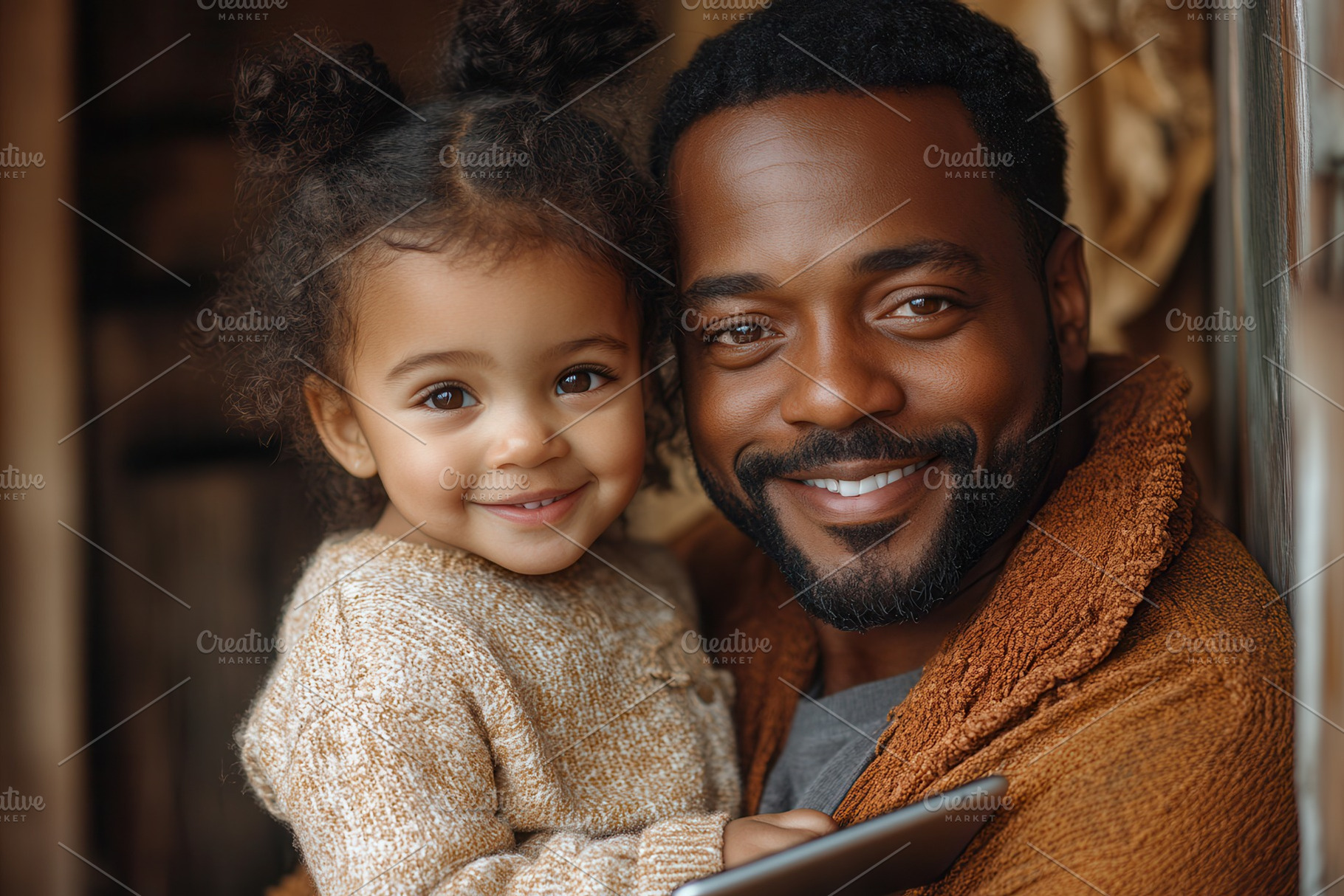 Smiling father holds his joyful daug, a Photo by Tanuart