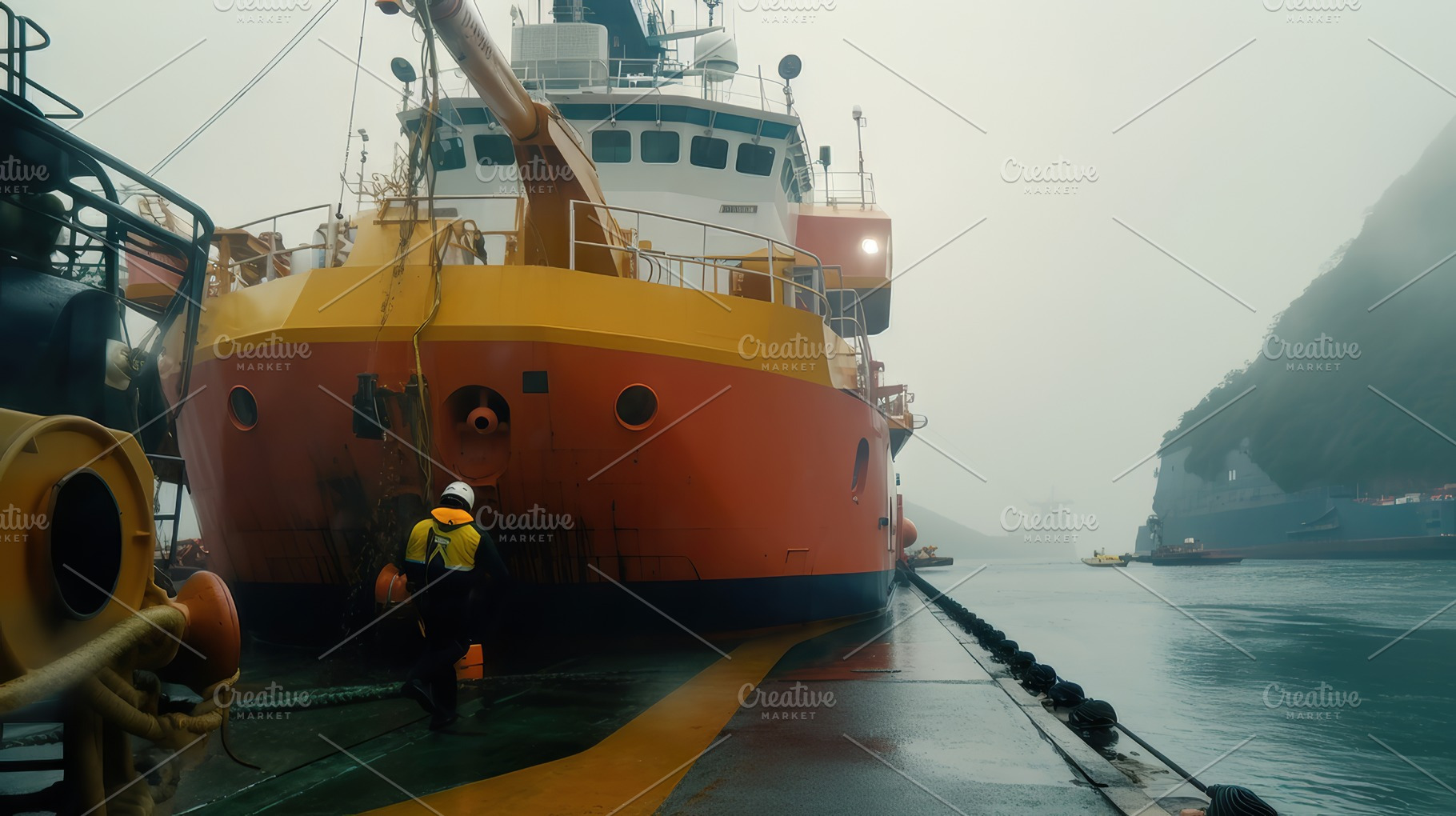 Maritime Worker Securing an Anchor Handling Tug Supply Vessel at a Foggy Dock, a Photo by AS photostudio