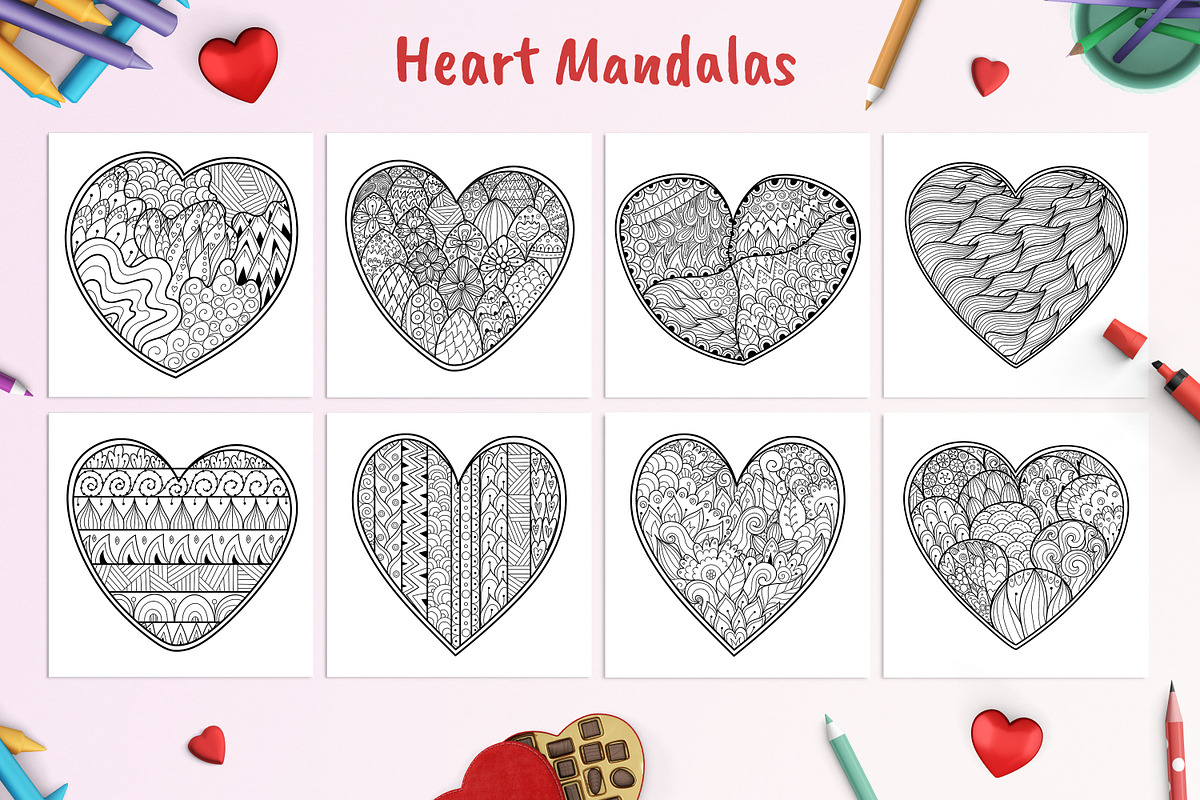 Heart Mandalas Coloring Pages, a Decorative Illustration by Gulnara Sabirova (Photo 5 of 18)