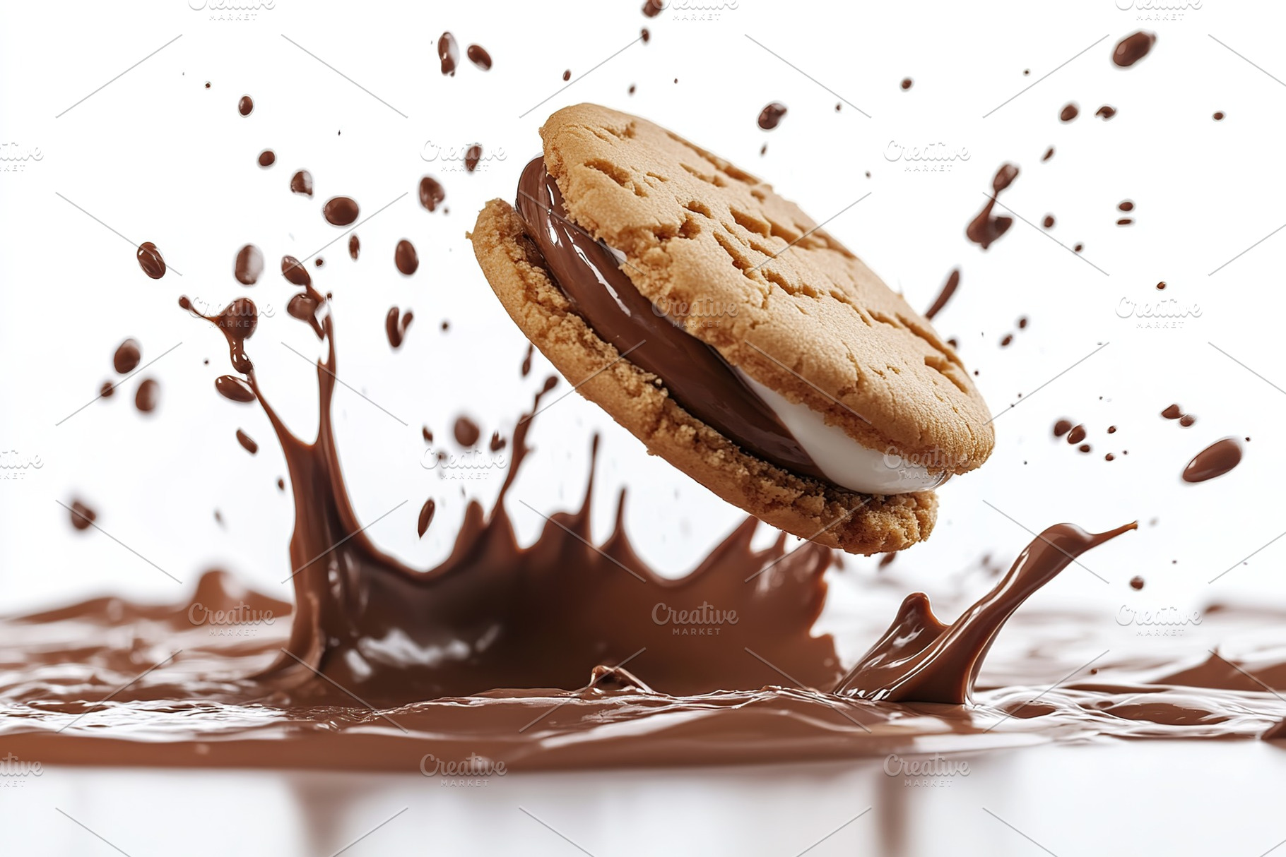 Sweet sandwich cookie falling into chocolate milk, a Food & Drink Photo by AlyaAnd