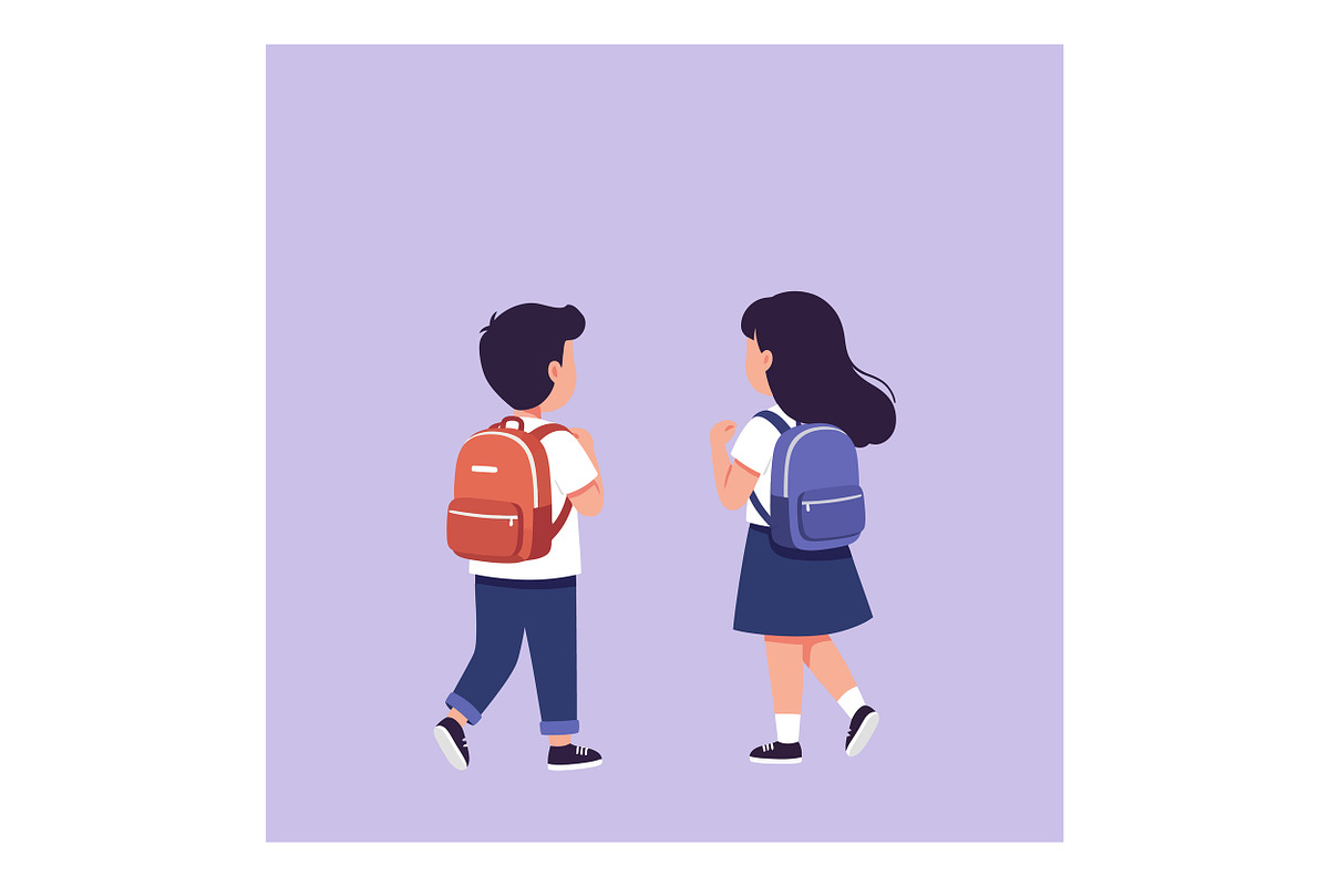 Two children with backpacks walking, an Illustration by designvectx