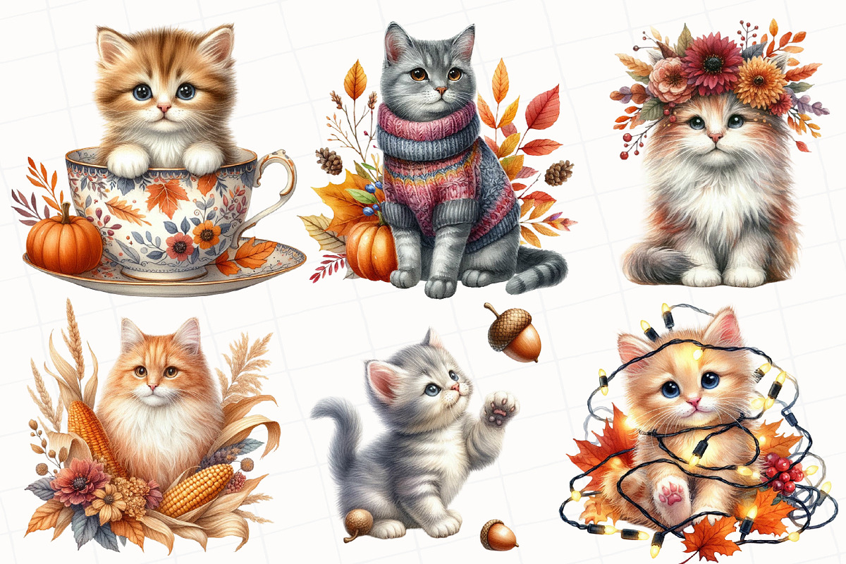 Watercolor Autumn Cat Clipart, an Illustration by OK Design (Photo 5 of 5)