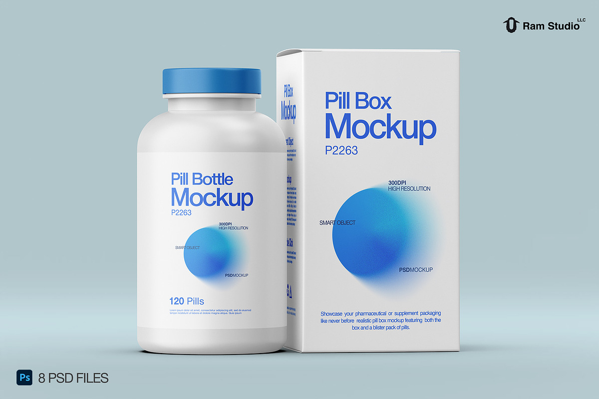 Pill Bottle and Box Packaging Mockup, a Packaging Mockup by Ram Studio LLC (Photo 1 of 13)