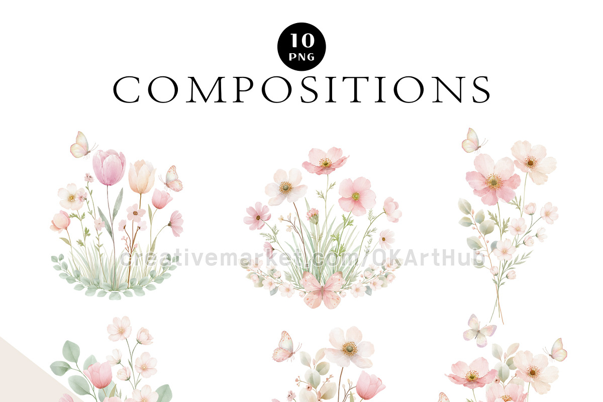 Pink Wildflower Butterfly Clipart, a Decorative Illustration by OKArtHub (Photo 5 of 11)