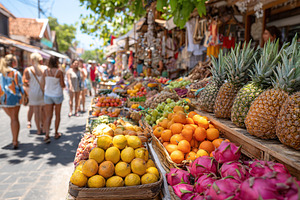 Vibrant street market bustling with colorful tropical fruits in a sunny locatio, a Food & Drink Photo by AlyaAnd