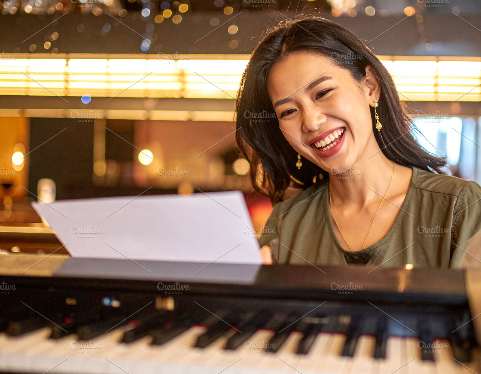 Adult pianist performing at the piano in a small bar, a Person Photo by DanFLCreativo
