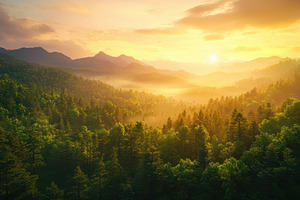 Golden Sunrise Mountain Forest Lands, a Photo by Pixeness Studio
