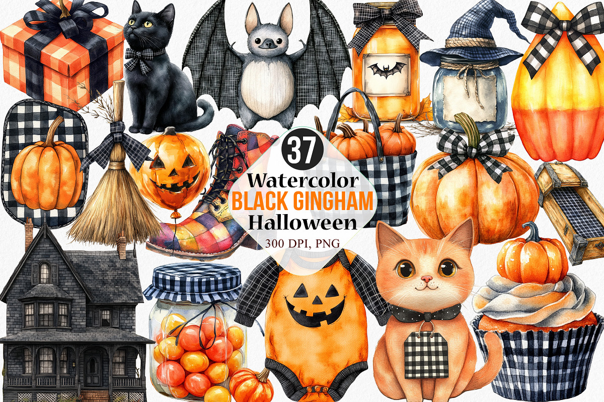 Watercolor Black Gingham Halloween, an Illustration by Canvas Craft (Photo 1 of 8)