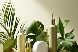 Natural skincare cosmetics bottles background, a Photo by Dvoevnore photos