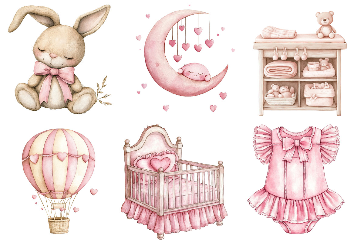 Pink Baby Girl Nursery Clipart, an Illustration by Watercolor design (Photo 2 of 4)