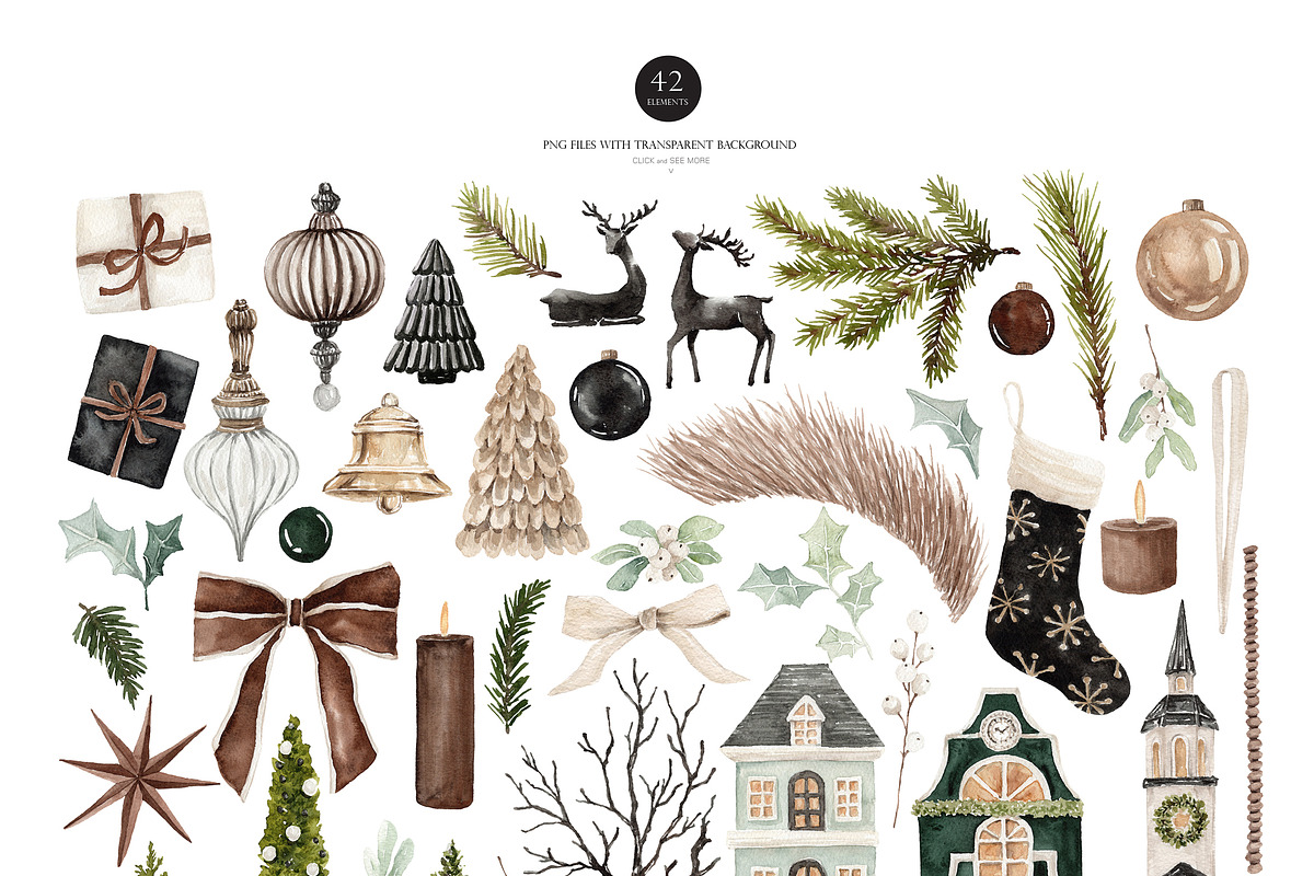 Watercolor Clipart-VELVET CHRISTMAS, a Decorative Illustration by Beigetime (Photo 3 of 17)