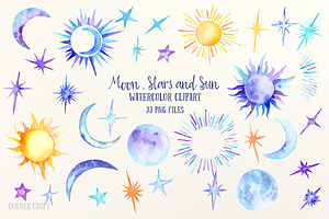 Watercolor Sun, Moon And Stars