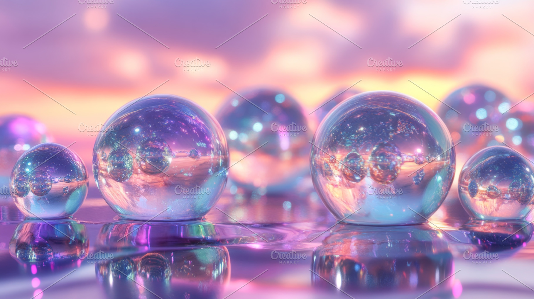 Iridescent Spheres on Reflective Surface at Sunset, an Abstract Photo by Natalia Klenova's Shop